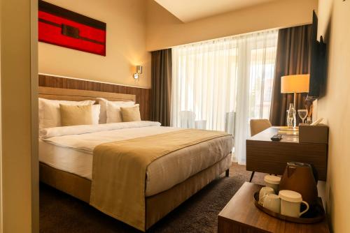 a hotel room with a bed and a window at PENSIUNEA GAMBRINUS **** in Miercurea-Ciuc