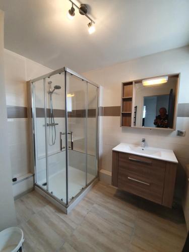 une salle de bain avec une douche en verre et un lavabo dans l'établissement Bel appartement 3 pièces dans une résidence calme, à Sélestat