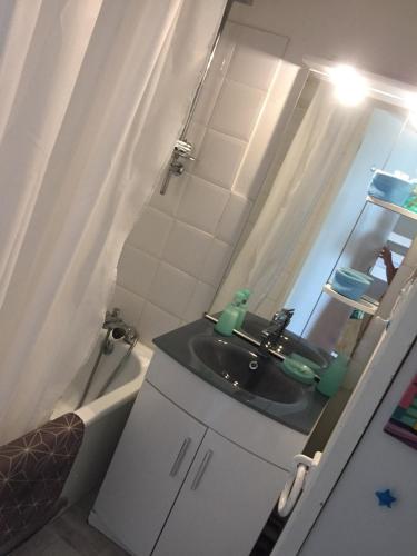 une salle de bain avec un lavabo, un miroir et une baignoire dans l'établissement T1 bis cabine vue mer et piscine occitanie, à Fleury