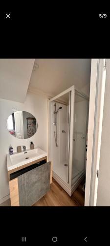 une salle de bain avec une douche, un lavabo et un miroir dans l'établissement Appartement vue mer, à Calais