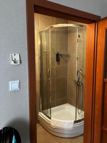 a shower with a glass door in a bathroom at Pensjonat U Kota Wasyla in Chodzież