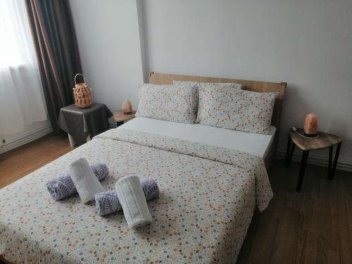 a bedroom with a bed with two towels on it at Medeea Studio in Alba Iulia