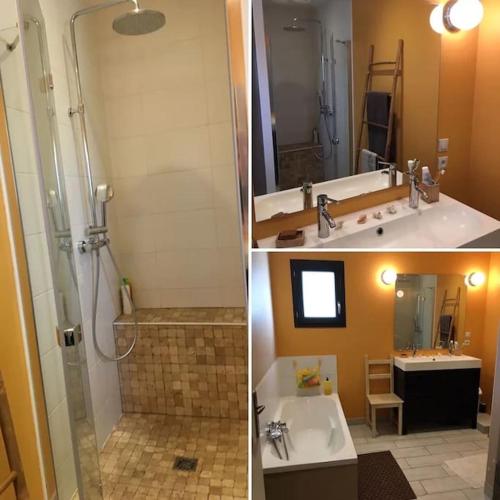 - deux photos d'une salle de bains avec douche et lavabo dans l'établissement Magnifique villa avec piscine - La Gracieuse, à Hourtin