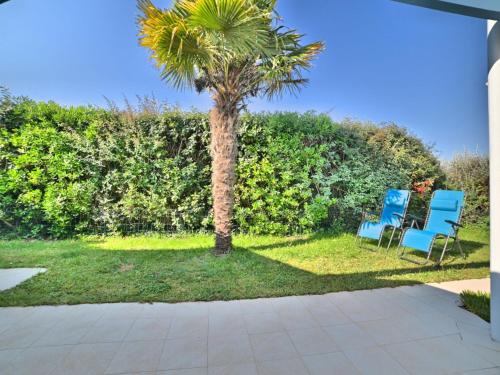two blue chairs and a palm tree in a yard at Holiday Home La Parie 1 by Interhome in Dolus d'Oléron