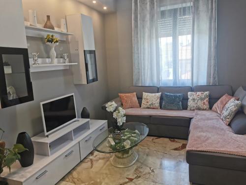 a living room with a couch and a tv at Splendido appartamento in zona centrale in Alessandria