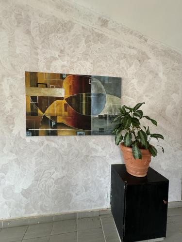 a painting hanging on a wall with a potted plant at Hotel magicland dakar in Dakar