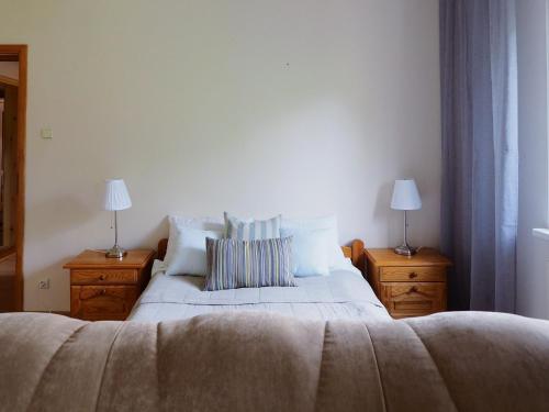 a bedroom with a large bed with two night stands at Apartamenty Vega in Charzykowy