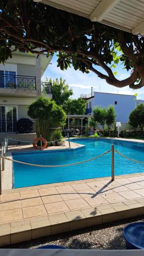 a large swimming pool in front of a building at Hotel George in Limenas