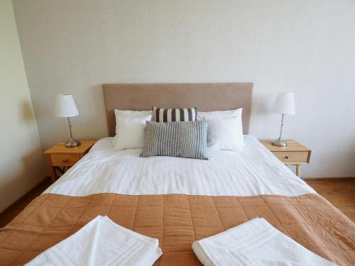 a bedroom with a large bed with pillows and two lamps at Apartamenty Vega in Charzykowy
