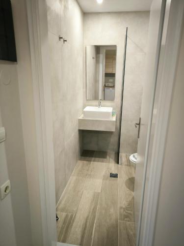 a bathroom with a sink and a mirror at Aggelika Apartments in Lithakia