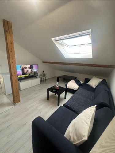 - un salon avec un canapé et une lucarne dans l'établissement Appartement Neuf,épuré et bien placé, à Mulhouse