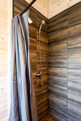 a shower in a bathroom with wooden walls at Fetingas in Šventoji