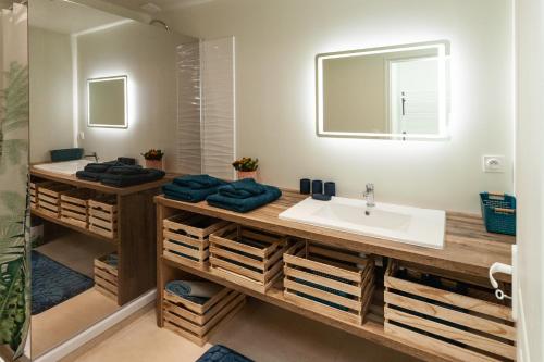 a bathroom with a sink and a mirror at Belles Fleurs du Temple in Eymet