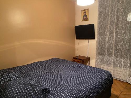 a bedroom with a bed and a television in it at Tamax in Issy-les-Moulineaux