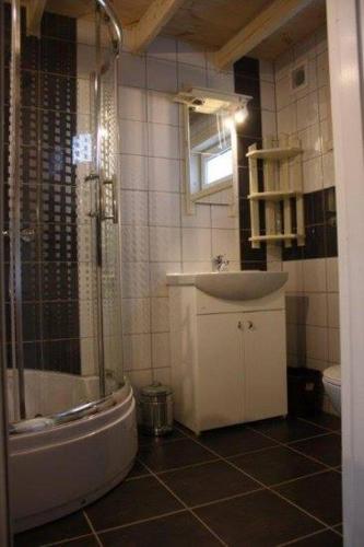 a bathroom with a shower and a sink and a tub at Domek piętrowy klimatyzowany, ogrzewany z jacuzzi na terenie ośrodka- Domki u Staszka in Rusinowo