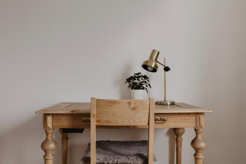 a wooden table with a lamp and a plant on it at Vassbo Vandrarhem in Falun