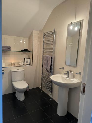 a bathroom with a white toilet and a sink at Your Coastal Paradise Awaits in Oranmore