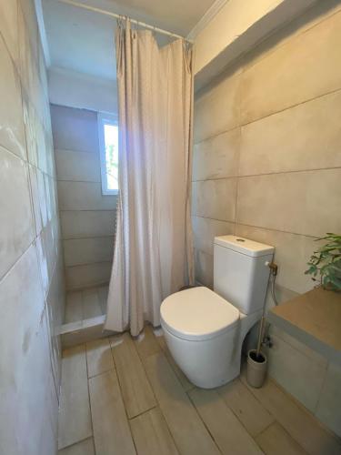 a bathroom with a white toilet and a window at Dinateli Houses - Live like a local in Corfu in Kastellánoi