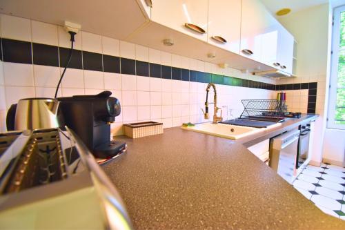 a kitchen with a sink and a counter top at Évasion au Château Ravenel in Ravenel