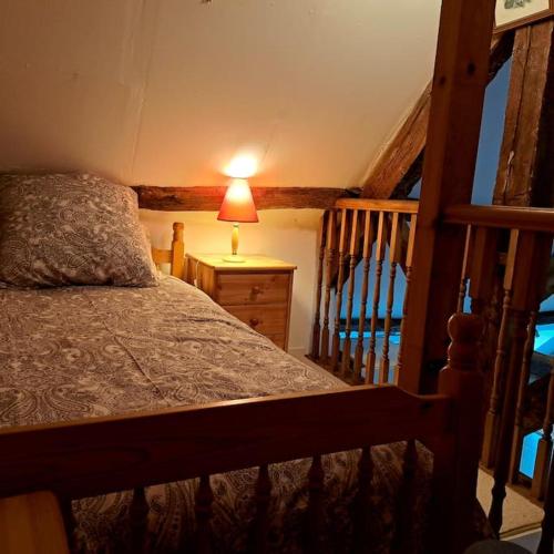 una camera da letto con un letto e una lampada sul comodino di Centre Ville Loft a Huelgoat