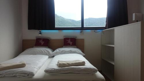 2 camas en una habitación con ventana en Semmering Studio-Apartment, en Semmering