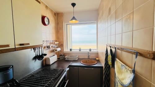 une cuisine avec vue sur l'océan depuis une fenêtre dans l'établissement Appartement sable et océan, à Saint-Jean-de-Monts