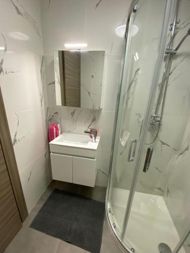 a white bathroom with a sink and a shower at R1 Cosy Double Room in Msida Flat in Msida