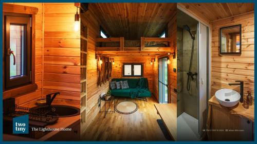 a bathroom with a green couch in a wooden house at Two Tiny Houses in Agarcia