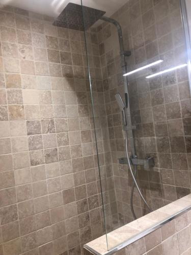 une douche dans une salle de bain avec une porte vitrée dans l'établissement StudioParis20e, à Paris