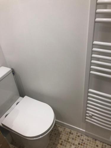 La salle de bains est pourvue de toilettes blanches et d'une étagère. dans l'établissement StudioParis20e, à Paris
