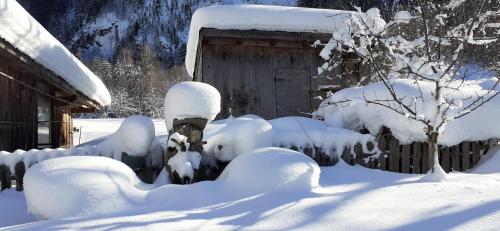 a yard covered in snow next to a cabin at Apartment Wandegg im Bergsteigerdorf Ginzling Mayrhofen in Mayrhofen