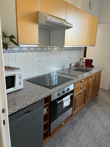 une cuisine avec un évier et un micro-ondes dans l'établissement Appartement Ajaccio vue mer, à Ajaccio