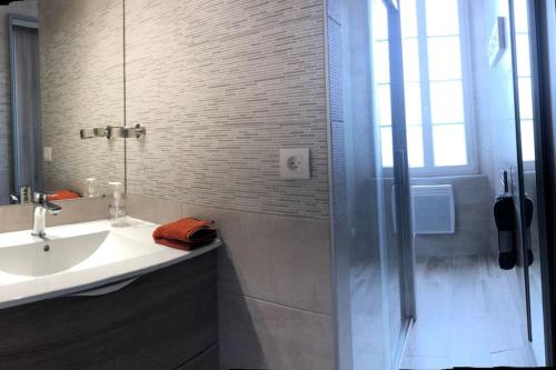 une salle de bain avec un lavabo et une douche dans l'établissement Maison de caractère au village, à Pontenx-les-Forges