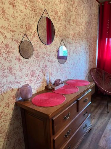 a bathroom with a vanity with pink mats on it at Gîte de Beaufresne in Haudricourt