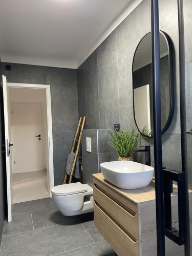 a bathroom with a toilet and a sink and a mirror at Apartmani Natali in Orebić