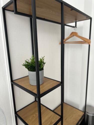a black shelving unit with a potted plant on it at Pension Moravia in Olomouc
