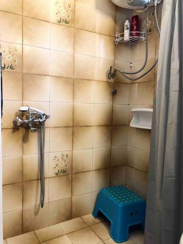 a shower with a blue stool in a bathroom at Fysis Panorama spectacular view in Porto Rafti