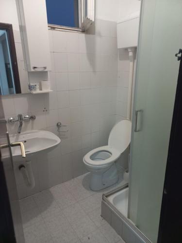 a bathroom with a toilet and a sink at Hotel Duga in Novi Sad