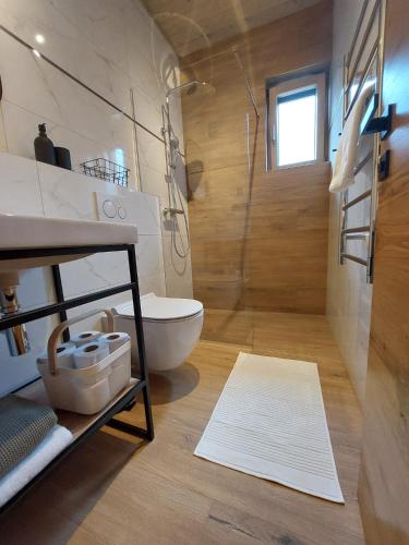a bathroom with a shower and a toilet in it at Apartmán H3 Hrabušice in Hrabušice