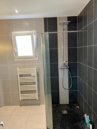 un bagno con doccia con porta in vetro di Villa au calme en lisière de forêt a Lacanau