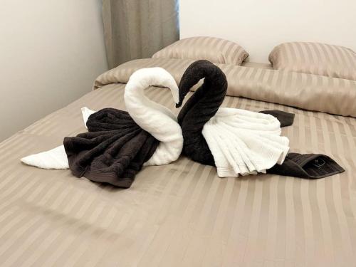 Zwei Schwäne liegen auf einem Bett. in der Unterkunft RM-0 - Joli 2 pièces tout équipé au RDC à Mulhouse pour 1-3 pers in Mulhouse
