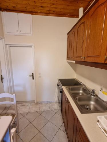 a kitchen with a sink and a counter top at Nature's Nook Paxos in Vlachopoulátika