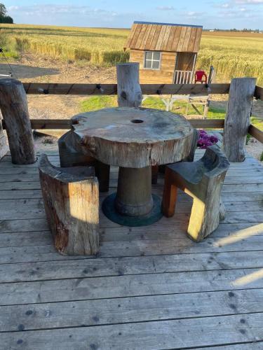 a wooden table and benches on a wooden deck at Tiny House in Digny