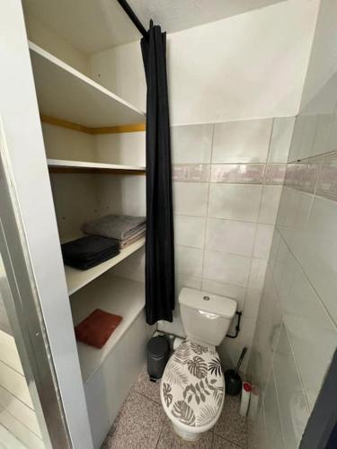 une petite salle de bain avec toilettes et douche dans l'établissement Cœur du Village - 4 Pers - Clim, à Gruissan