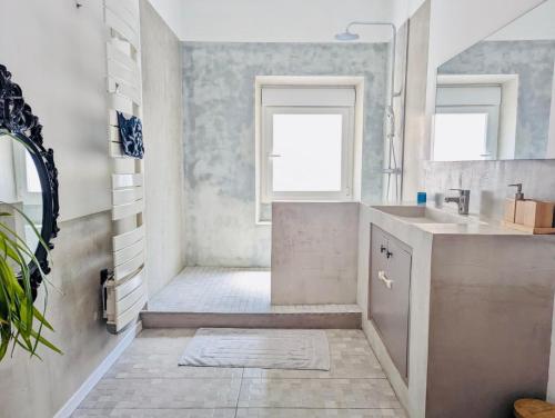 une salle de bain avec une douche avec un lavabo et une fenêtre dans l'établissement Casa Jenna, à Seillons-Source-dʼArgens