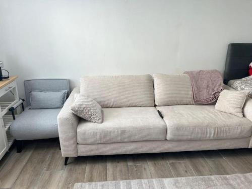 a couch and a chair in a living room at Maisonnette avec terrasse avec spa privatif in Lutterbach