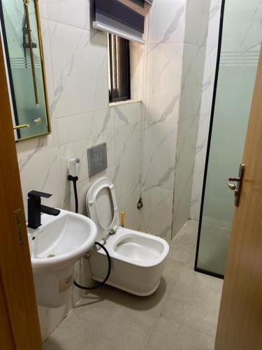 a bathroom with a white toilet and a sink at Kawruky Hotel Benin in Benin City