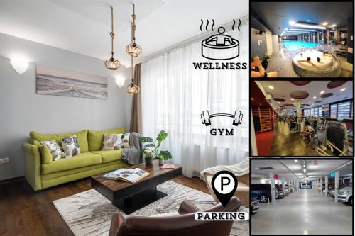 a collage of pictures of a living room at City Center Wellness Suites - POOL-GYM-PARKING in Budapest