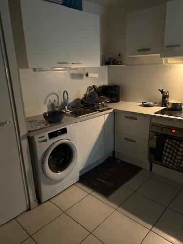 une cuisine avec une machine à laver et un évier dans l'établissement Appartement tout confort, à Nice