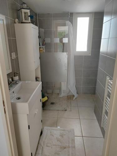 une salle de bain blanche avec une douche et un lavabo dans l'établissement Location mer les sablettes chez Huguette, à La Seyne-sur-Mer